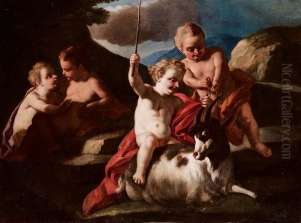 Putti Che Giocano Con Una Capra Oil Painting by Francesco de Mura