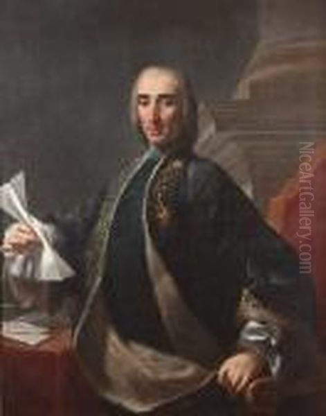 Portrait Of A Gentleman, Seated 
Half-length, At A Table, In A Dark Blue Ermine-trimmed Coat, Holding A 
Letter, Before A Column Oil Painting by Francesco de Mura