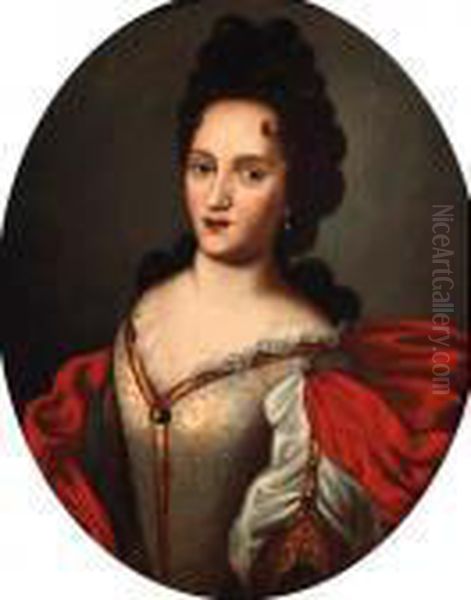 Portrait Of A Lady, Bust-length, In An Embroidered Dress And A Redmantle Oil Painting by Francesco de Mura