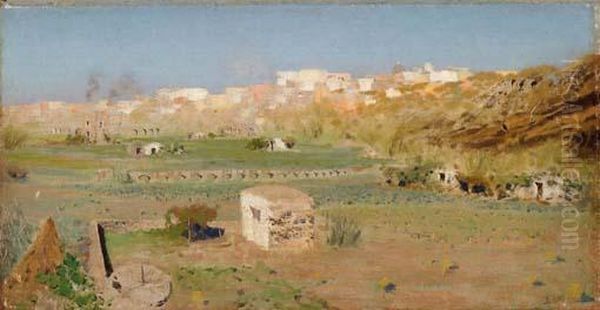 Paesaggio Con Case E Acquedotto (nelle Paludi Di Napoli) Oil Painting by Giuseppe de Nittis