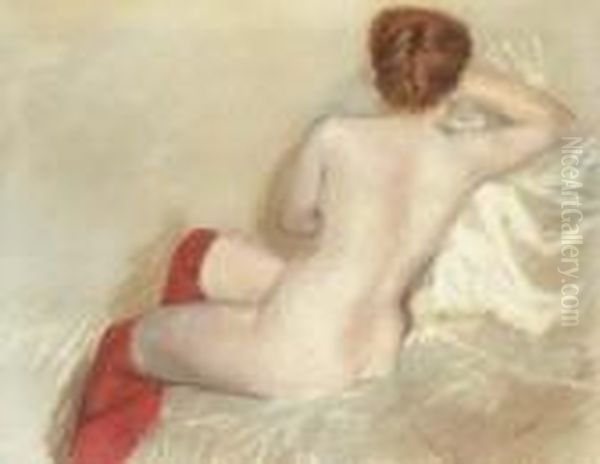 Nude With Red Stockings Oil Painting by Giuseppe de Nittis