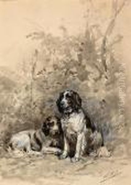 Spaniels Oil Painting by Charles Olivier De Penne