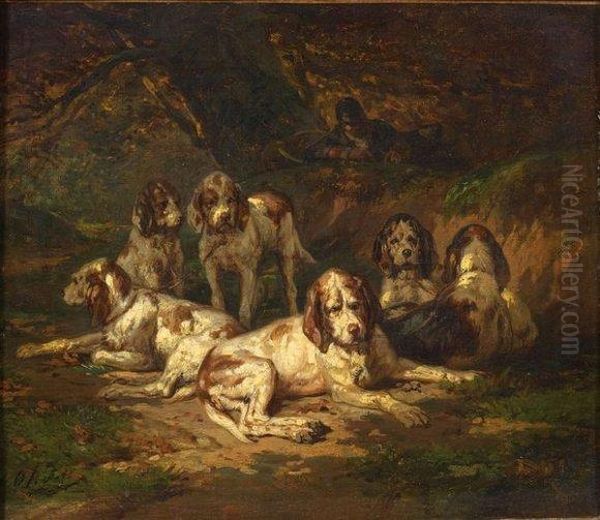 Chiens Au Repos Oil Painting by Charles Olivier De Penne