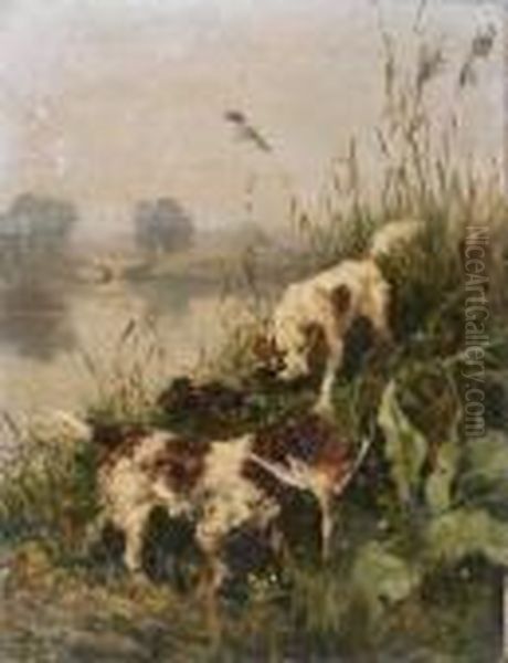 Deux Chiens De Chasse Au Marais Oil Painting by Charles Olivier De Penne