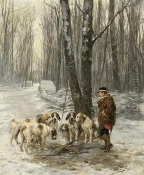 Winter Landscape With A Hunter Resting Together With His Dogs Oil Painting by Charles Olivier De Penne