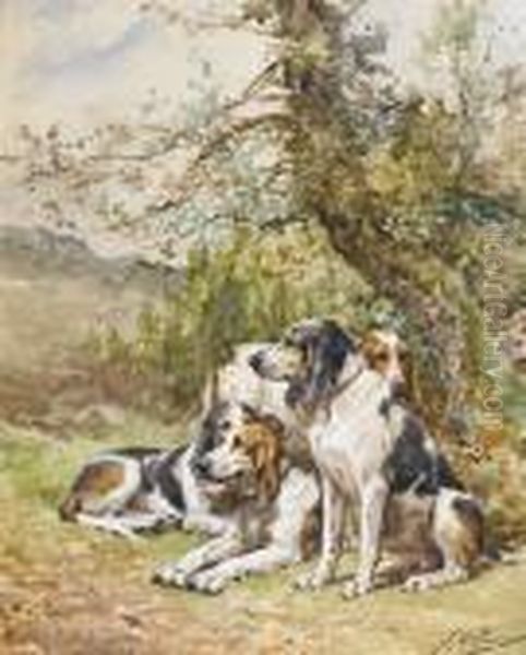 Hounds Waiting; Hounds Poised Oil Painting by Charles Olivier De Penne