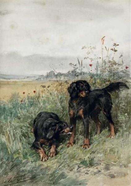 Etude De Deux Setters Gordon Oil Painting by Charles Olivier De Penne