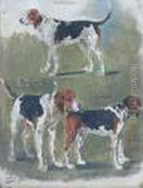 Les Trois Chiens De Meute : Monthabor - Darius - Buridan Oil Painting by Charles Olivier De Penne