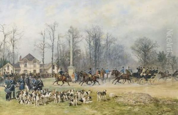 Rendez-vous A La Croix De 
Souvray En Foret De Fontainebleau De L'equipage De Bois Boudran Au Comte
 Greffulhe Oil Painting by Charles Olivier De Penne