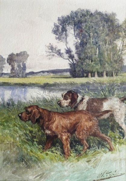 Chiens A L'arret Oil Painting by Charles Olivier De Penne