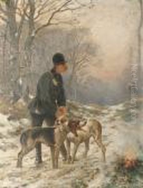 A Huntsman With Hounds In A Winter Landscape Oil Painting by Charles Olivier De Penne