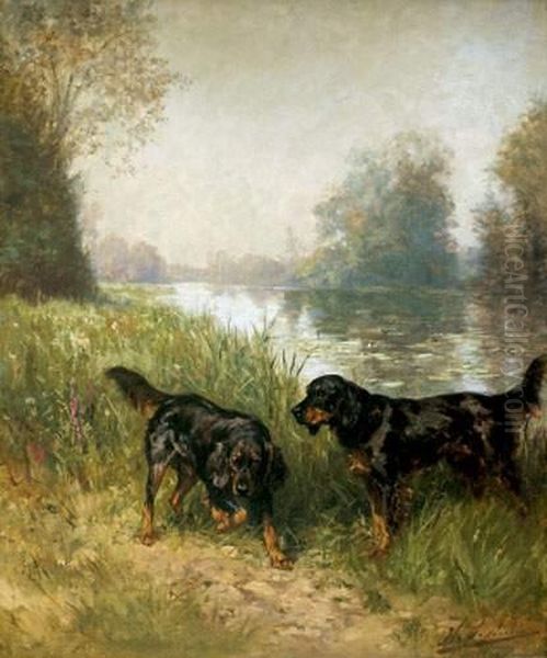 Deux Setters En Bord De Riviere Oil Painting by Charles Olivier De Penne