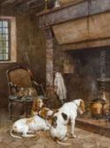 Chiens De Chasse Devant L'atre. Oil Painting by Charles Olivier De Penne