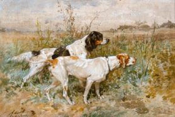 Chiens De Chasse A L'arret. Oil Painting by Charles Olivier De Penne