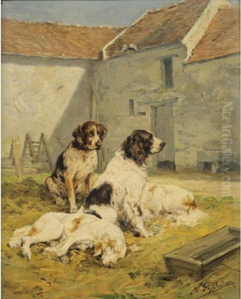 Chiens Dans Une Cour De Ferme [; Dogs In The Courtyard Of A Farm, Oil On Panel, Signed.] Oil Painting by Charles Olivier De Penne