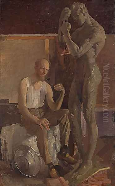 The artist and the Geelong memorial figure (Self portrait) Oil Painting by George Lambert