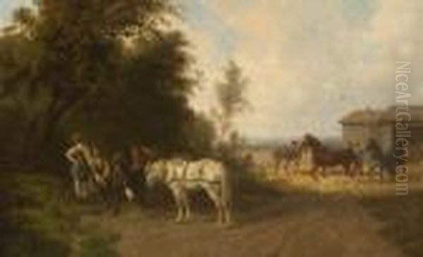 Szene Auf Dem Pferdehof. Oil Painting by Charles Olivier De Penne