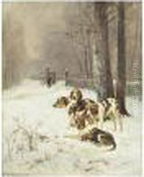 Chiens Dans La Foret De Fontainebleau Oil Painting by Charles Olivier De Penne