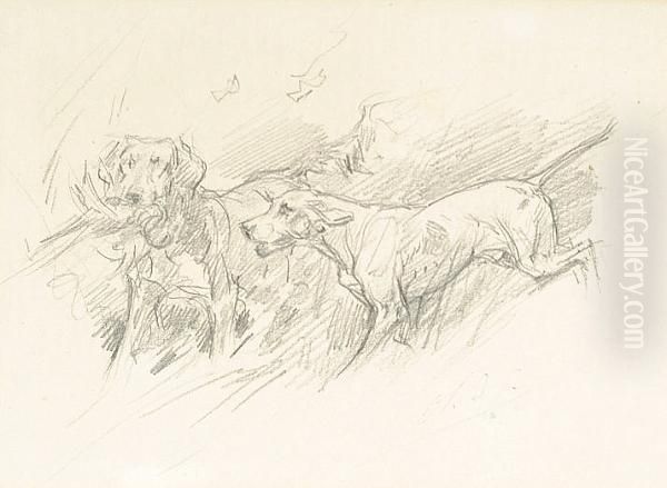 A Sketch Of Dogs In A Field, One Retrieving A Bird Oil Painting by Charles Olivier De Penne