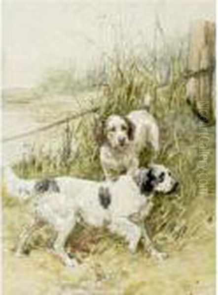 Two Setters By A Marsh Oil Painting by Charles Olivier De Penne