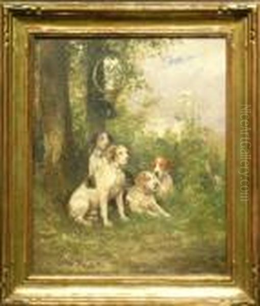 Hunting Dogs At Rest Beneath A Tree Oil Painting by Charles Olivier De Penne