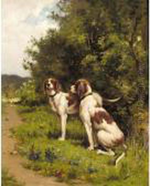 Two Hunting Dogs Oil Painting by Charles Olivier De Penne