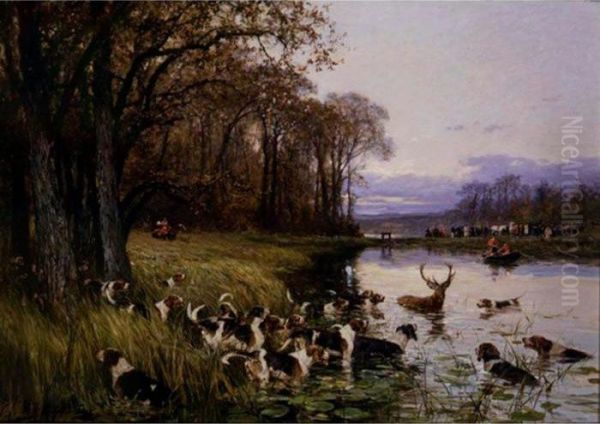 A Stag At Bay Oil Painting by Charles Olivier De Penne