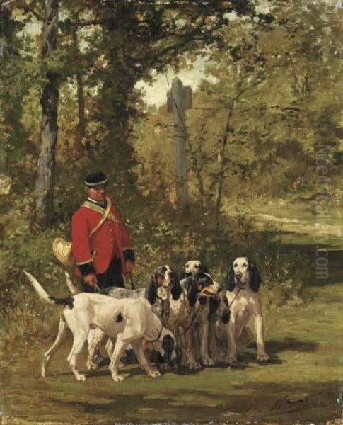 A Huntmaster With His Dogs On A Forest Trail Oil Painting by Charles Olivier De Penne