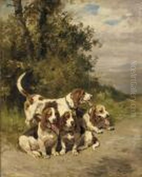 Hunting Dogs On A Forest Path Oil Painting by Charles Olivier De Penne