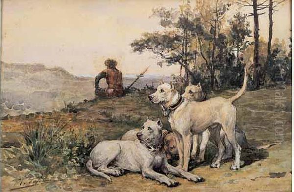 Chasseur Et Chiens De Chasse Au Relais En Espagne Oil Painting by Charles Olivier De Penne