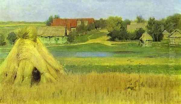 Sheaves and a Village Beyond the River 1885 Oil Painting by Isaak Ilyich Levitan