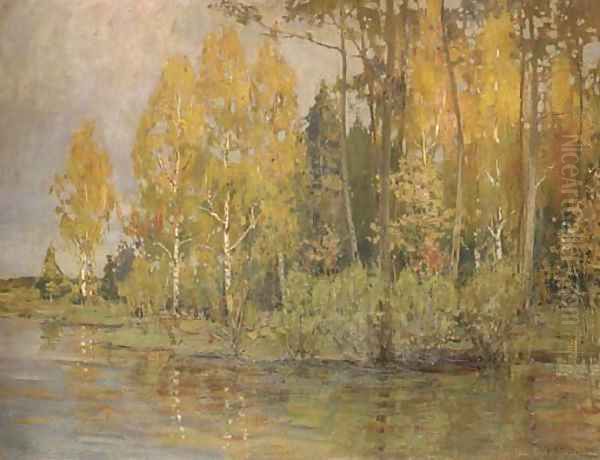 A wooded river landscape with silver birches Oil Painting by Isaak Ilyich Levitan