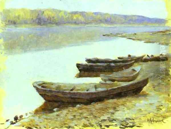 Landscape on the Volga Boats by the Riverbank Oil Painting by Isaak Ilyich Levitan