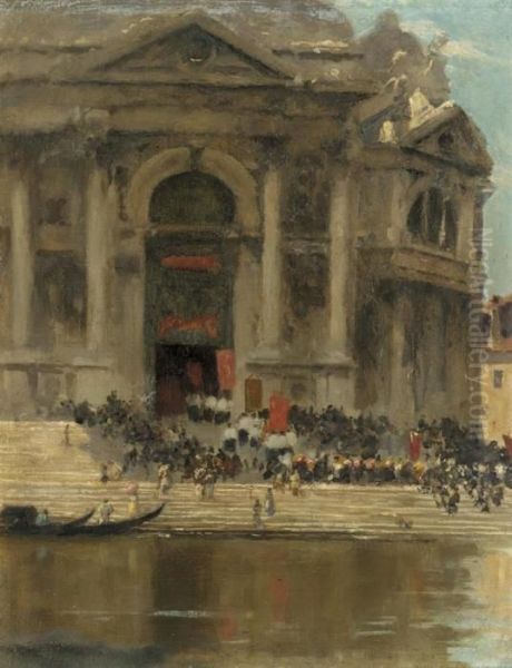 A Procession Before Santa Maria Della Salute, Venice Oil Painting by Antonio Maria de Reyna