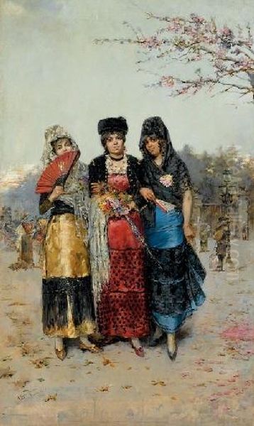 Paseo En La Feria De Sevilla (a Walk In The Feria, Seville) Oil Painting by Antonio Maria de Reyna