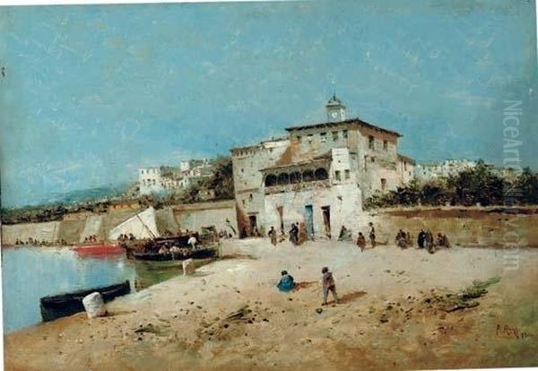 Casas Junto A La Playa (the Beach) Oil Painting by Antonio Maria de Reyna