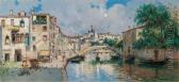 Canale Veneziano Con Campiello Oil Painting by Antonio Maria de Reyna