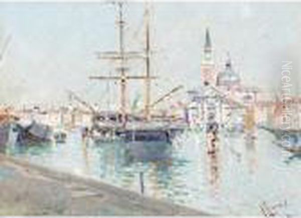 Ship At Harbour, Venice Oil Painting by Antonio Maria de Reyna