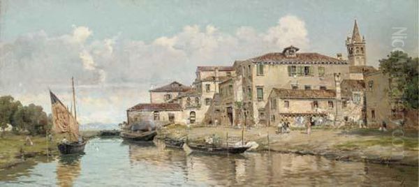 Bragozzi Chioggiotti In The Venetian Lagoon Oil Painting by Antonio Maria de Reyna