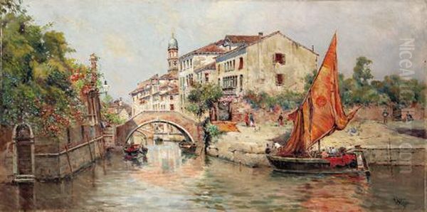 A Venetian Canal Oil Painting by Antonio Maria de Reyna