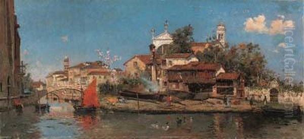 A Venetian Backwater Oil Painting by Antonio Maria de Reyna