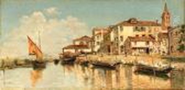 A Venetian Village Oil Painting by Antonio Maria de Reyna