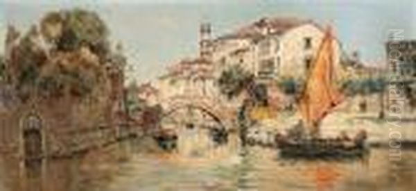 A Tranquil Canal Oil Painting by Antonio Maria de Reyna