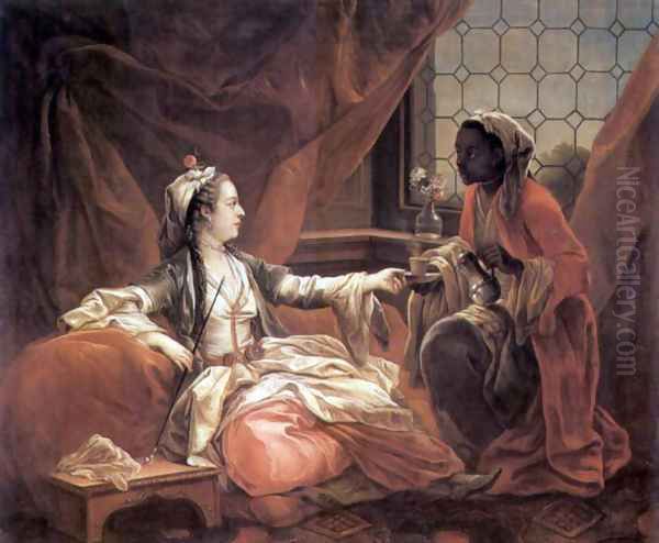 Sultain woman with a cup of coffee over a slave Oil Painting by Carle van Loo