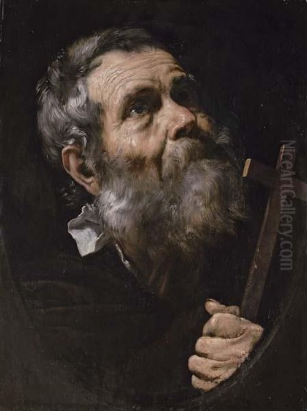 A Saint Holding A Cross, In A Painted Oval Oil Painting by Jusepe de Ribera