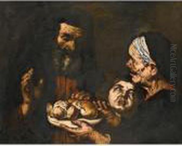 A Saint Blessing A Plate Of Bread, Together With An Elderly Lady And A Young Child Oil Painting by Jusepe de Ribera