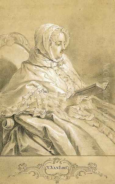 A seated lady wearing a bonnet, reading Oil Painting by Carle van Loo