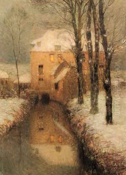 The Canal, Snow Oil Painting by Henri Eugene Augustin Le Sidaner