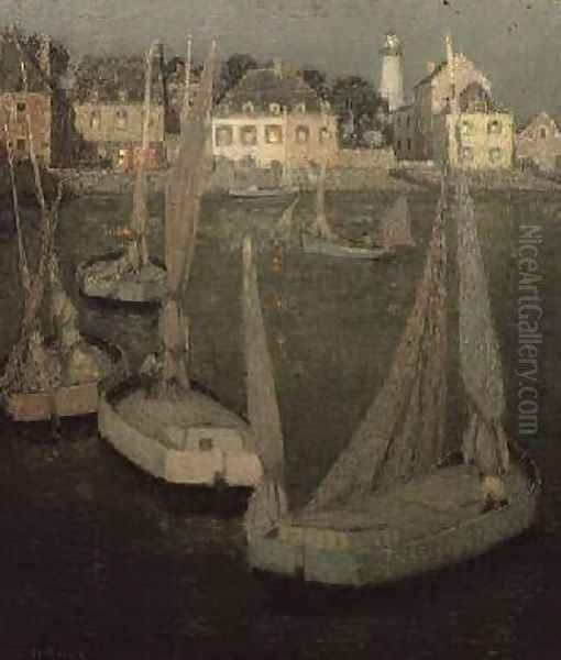 Brittany Port by Moonlight Oil Painting by Henri Eugene Augustin Le Sidaner