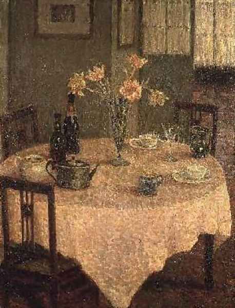 Interior with a Pink Tablecloth Oil Painting by Henri Eugene Augustin Le Sidaner